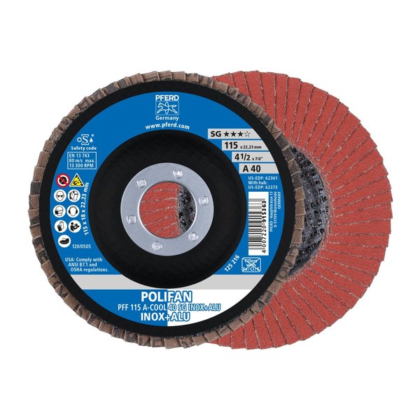 Pferd 4-1/2" x 7/8" A.H. POLIFAN® Flap Disc - A-COOL SG INOX+ALU, Aluminum oxide, 40 Grit, Flat 62361